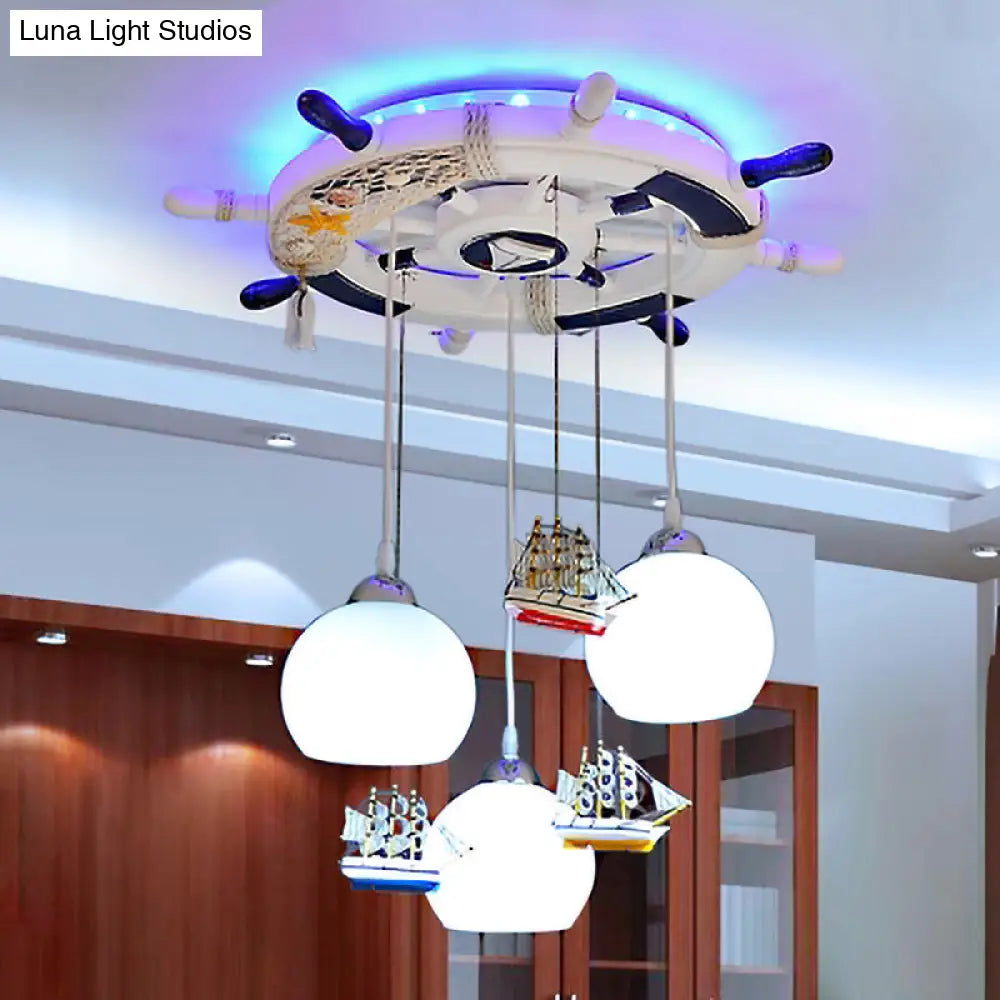 Milk Glass Orb Ceiling Pendant With Nautical 3-Light Ship & Rudder Design - Perfect For Childs