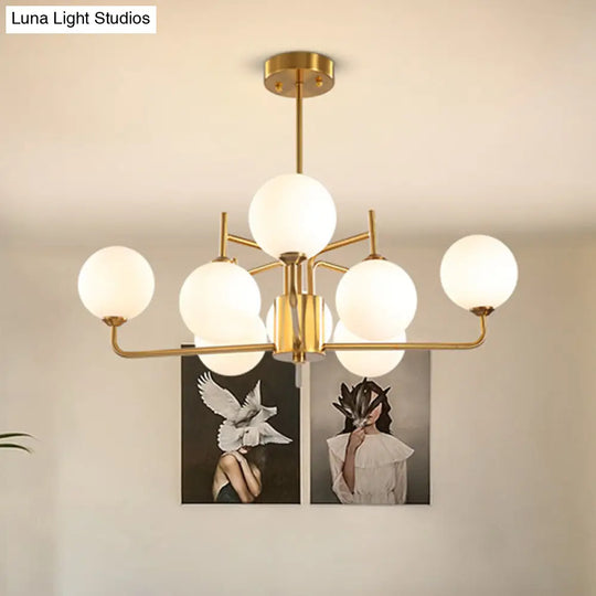 Modern Spherical Chandelier With 8 Bulbs - Milk Glass Pendant Light Fixture In Gold