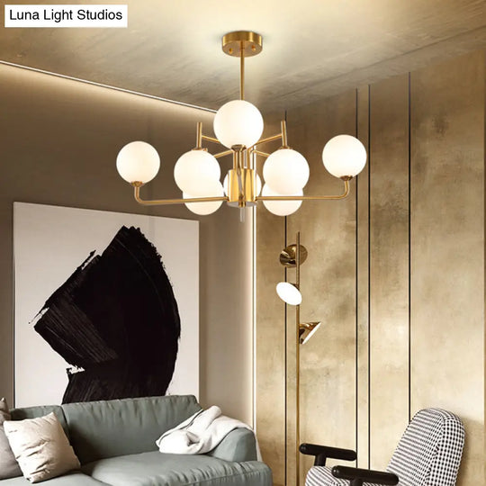 Milk Glass Pendant Chandelier In Gold - 8 Bulb Modern Spherical Lighting Fixture