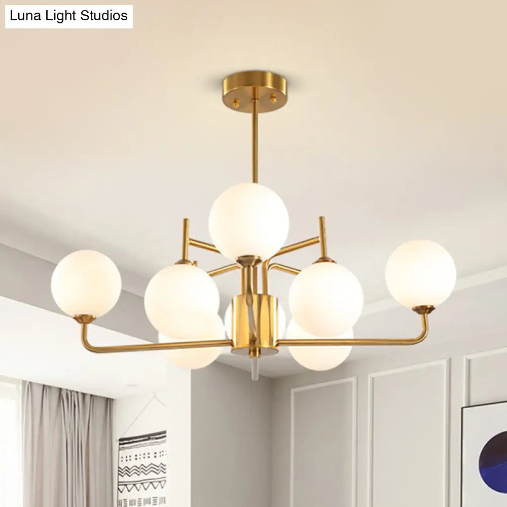 Milk Glass Pendant Chandelier In Gold - 8 Bulb Modern Spherical Lighting Fixture