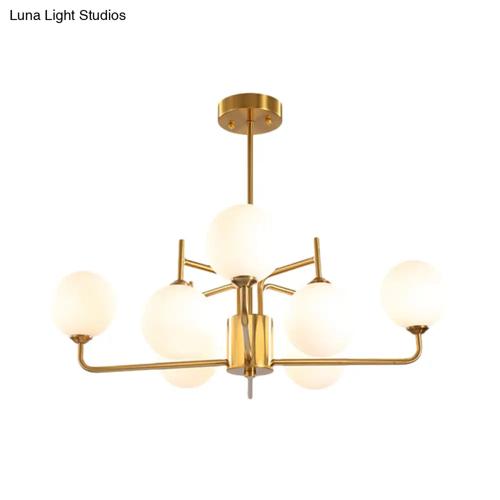 Modern Spherical Chandelier With 8 Bulbs - Milk Glass Pendant Light Fixture In Gold