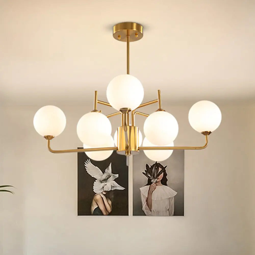 Milk Glass Pendant Chandelier In Gold - 8 Bulb Modern Spherical Lighting Fixture