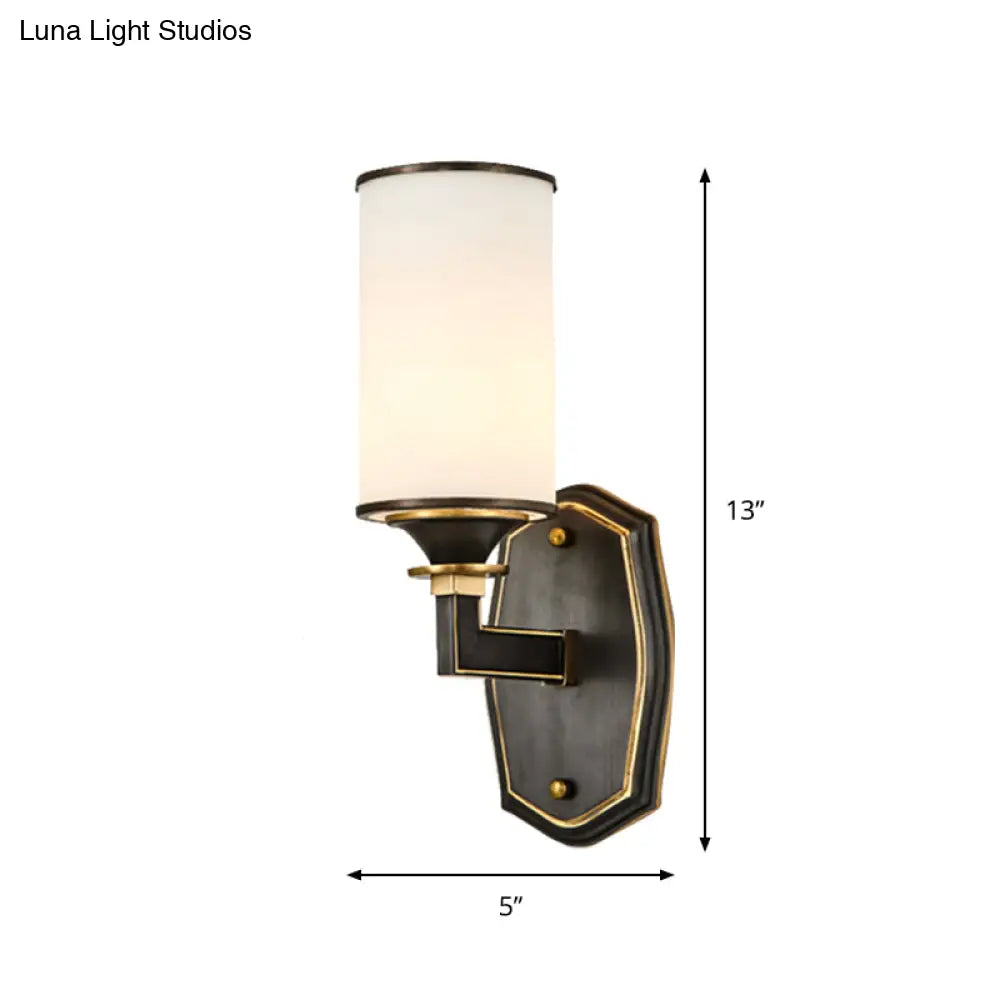 Milk Glass Wall Sconce Countryside 1/2-Light Corridor Fixture - Black/Gold Right Angle Arm