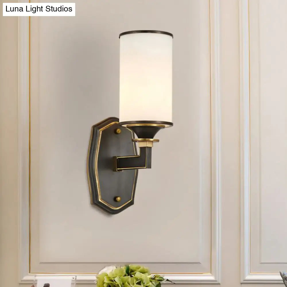 Milk Glass Wall Sconce Countryside 1/2-Light Corridor Fixture - Black/Gold Right Angle Arm