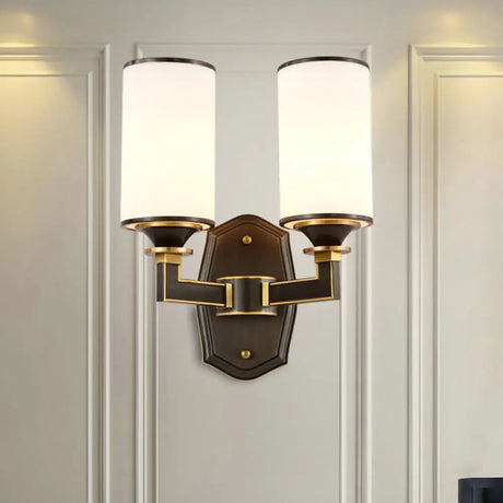 Milk Glass Wall Sconce Countryside 1/2-Light Corridor Fixture - Black/Gold Right Angle Arm 2 /
