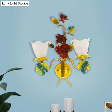 Milky Glass Blossom Wall Sconce Lamp With Yellow 1/2 Heads & Rose Decor - Country Lighting