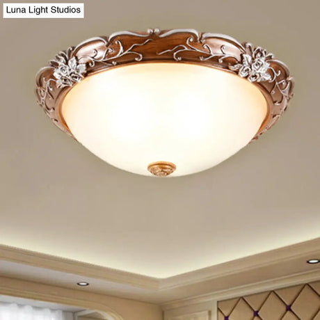 Milky Glass Brown Ceiling Lamp - Semi - Spherical 3 Bulb Flush Mount Lighting With Flower Pattern