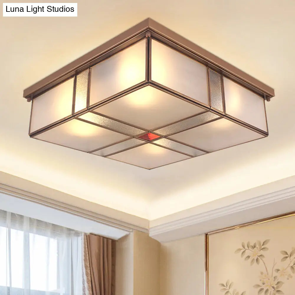 Milky Glass Colonial Ceiling Lamp - Square Flush Mount Fixture For Living Room With Brass Finish