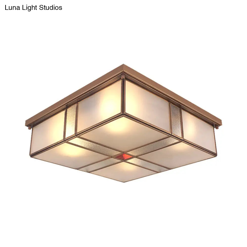 Milky Glass Colonial Ceiling Lamp - Square Flush Mount Fixture For Living Room With Brass Finish