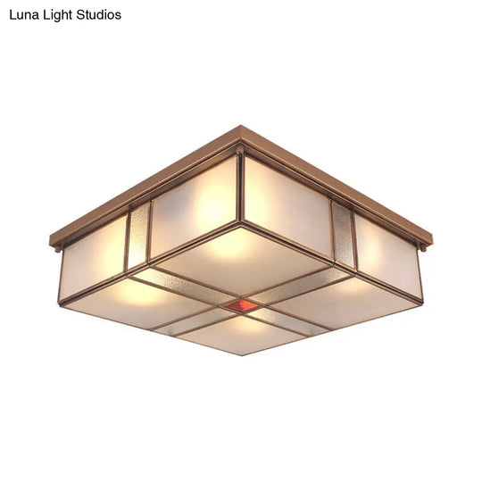Milky Glass Colonial Ceiling Lamp - Square Flush Mount Fixture For Living Room With Brass Finish