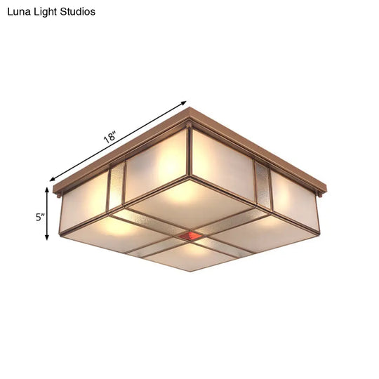 Milky Glass Colonial Ceiling Lamp - Square Flush Mount Fixture For Living Room With Brass Finish