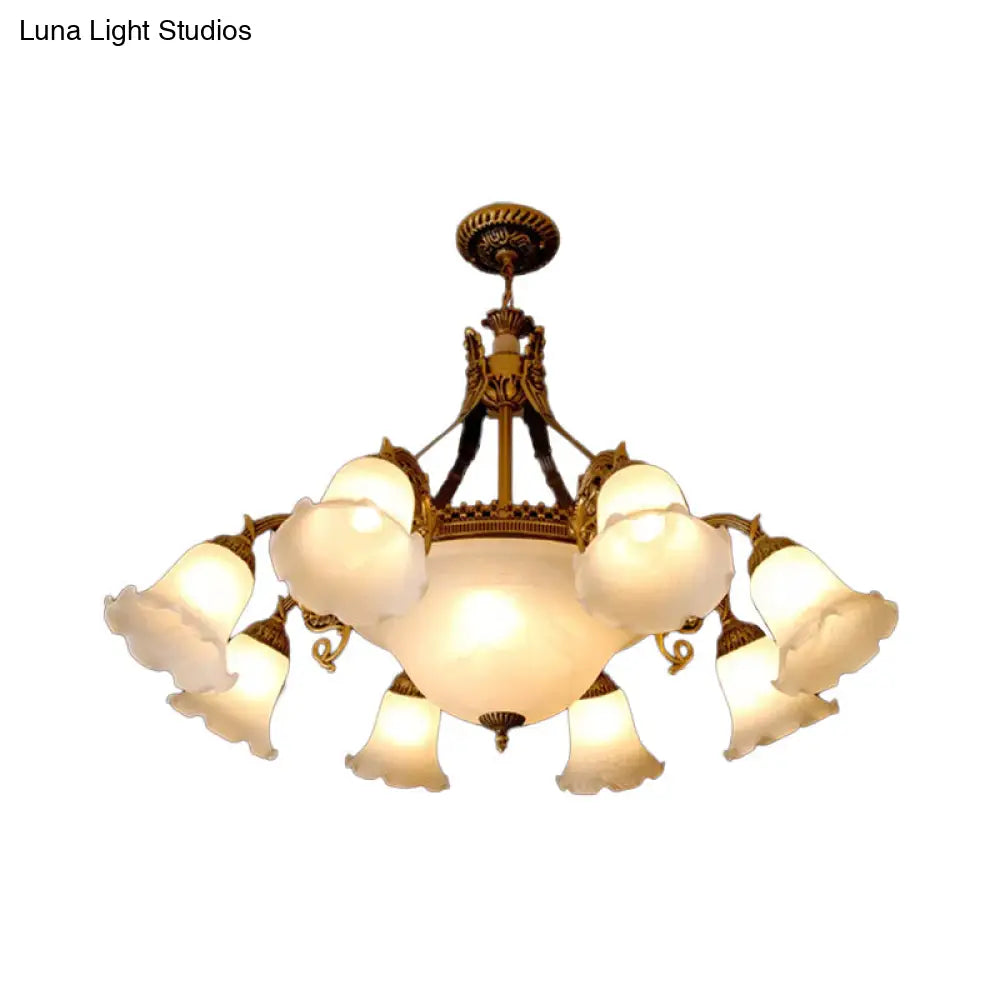 Milky Glass Farmhouse Chandelier - 11 Heads Pendant Lighting In Bronze For Dining Room