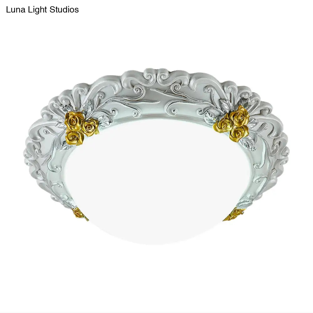 Milky Glass Led Ceiling Fixture - Traditional Semi - Orb Flush Mount Light With White And