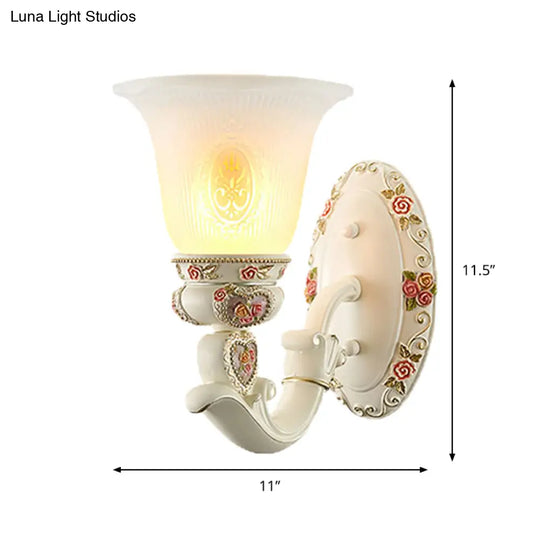 Milky Glass Ribbed Conical Living Room Sconce Light: White Floral Wall Fixture With Countryside