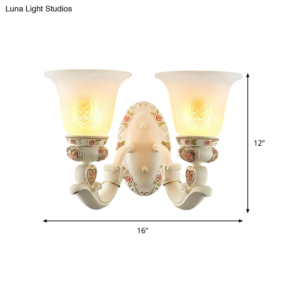 Milky Glass Ribbed Conical Living Room Sconce Light: White Floral Wall Fixture With Countryside