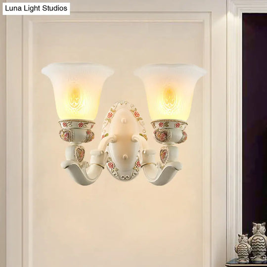 Milky Glass Ribbed Conical Living Room Sconce Light: White Floral Wall Fixture With Countryside