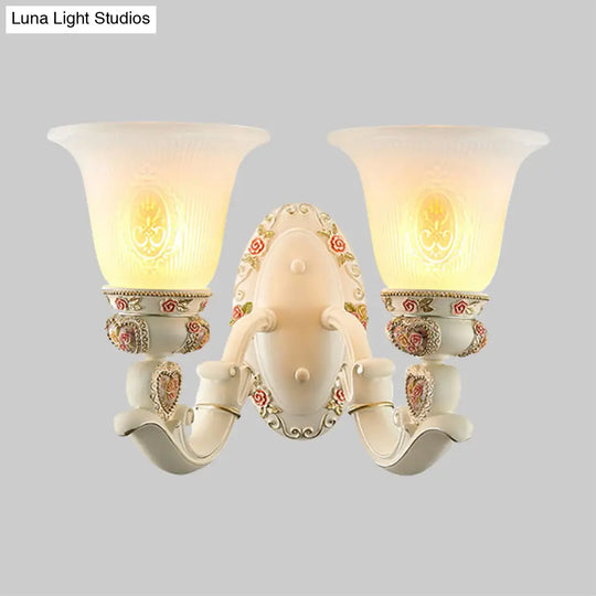 Milky Glass Ribbed Conical Living Room Sconce Light: White Floral Wall Fixture With Countryside