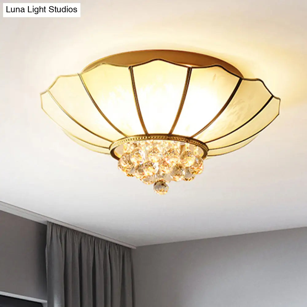 Milky Glass Scalloped Flush Light - 4/6 Lights Bedroom Mount With Crystal Ball