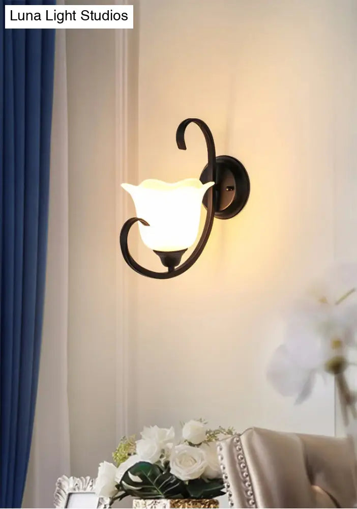 Milky Glass Wall Sconce With Floral Design And Scroll Arm For Elegant Country Decor
