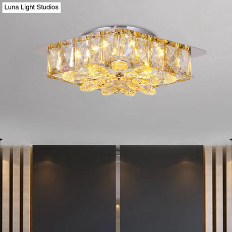 Mini Led Flush Light With Square & Flower Design – Simple Amber Or Smoke Grey Crystal Ceiling