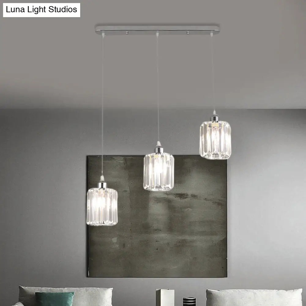 Minimal Chrome Pendant Ceiling Light With Cylinder Crystal Shade - 3-Light Restaurant Multi