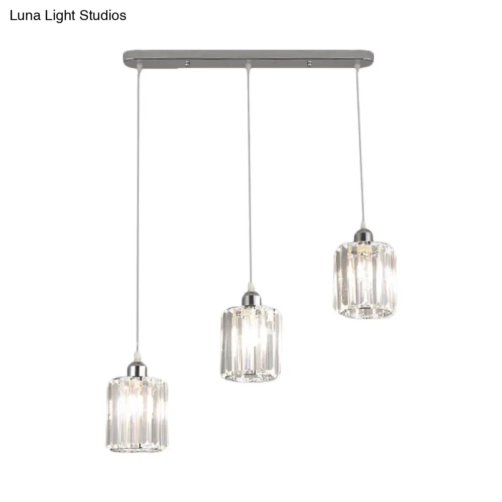 Minimal Chrome Pendant Ceiling Light With Cylinder Crystal Shade - 3-Light Restaurant Multi