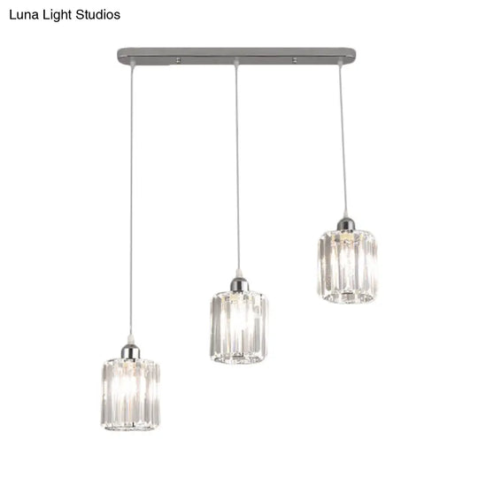 Minimal Chrome Pendant Ceiling Light With Cylinder Crystal Shade - 3-Light Restaurant Multi