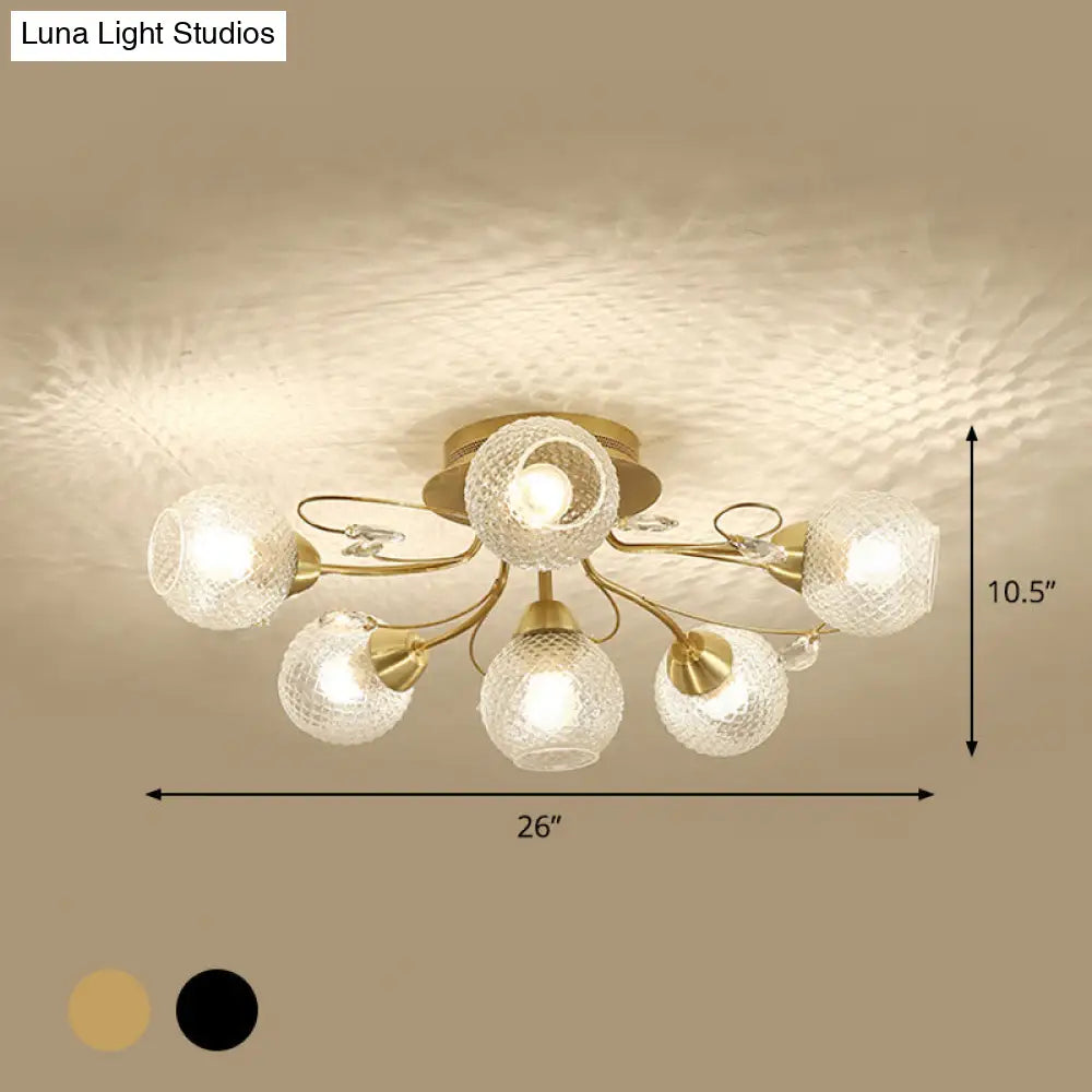 Minimal Clear Glass Globe Ceiling Mounted Fixture - 6 Bulb Semi Flush Light In Black/Gold