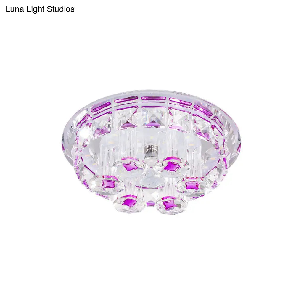 Minimal Flush Mount Led Ceiling Light Fixture For Hallway With Clear Prism Crystal And Purple Round