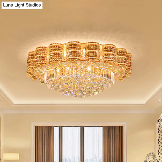 Minimal Gold Flush Mount Ceiling Light With Crystal Ball Accents - 7 Bulbs
