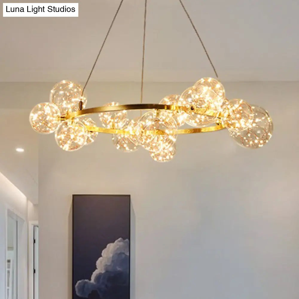 Minimal Living Room Led Chandelier - Gold Pendant Lighting With Clear Glass Orb Shade