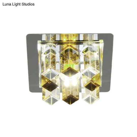 Minimal Square Led Flush Mount Light With Crystal Block - Blue/Clear/Tan Ideal For Hallway Ceiling
