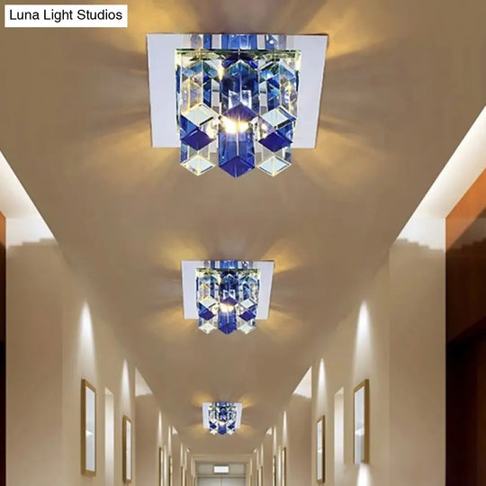 Minimal Square Led Flush Mount Light With Crystal Block - Blue/Clear/Tan Ideal For Hallway Ceiling