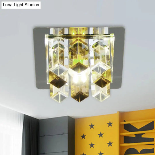 Minimal Square Led Flush Mount Light With Crystal Block - Blue/Clear/Tan Ideal For Hallway Ceiling