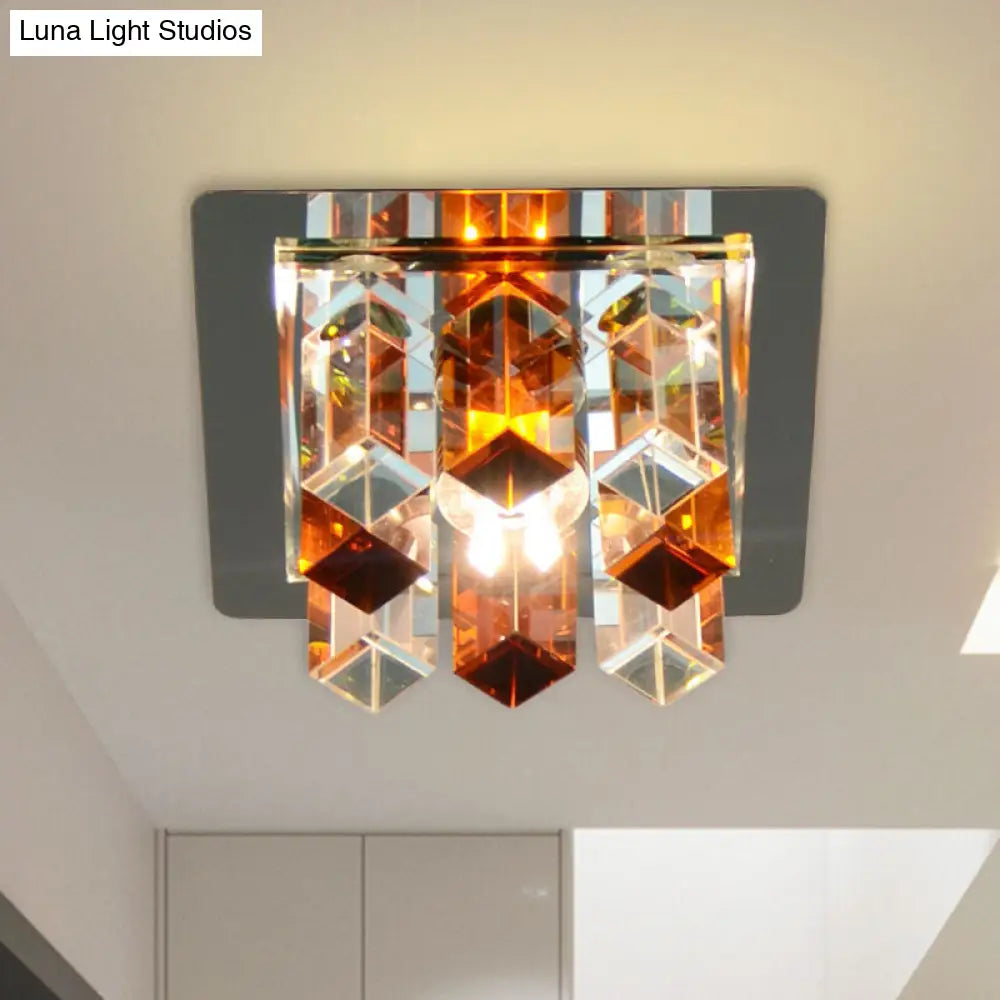 Minimal Square Led Flush Mount Light With Crystal Block - Blue/Clear/Tan Ideal For Hallway Ceiling