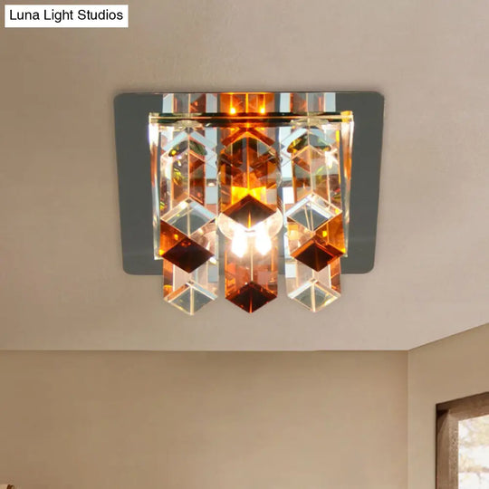 Minimal Square Led Flush Mount Light With Crystal Block - Blue/Clear/Tan Ideal For Hallway Ceiling