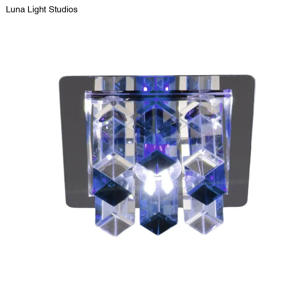 Minimal Square Led Flush Mount Light With Crystal Block - Blue/Clear/Tan Ideal For Hallway Ceiling