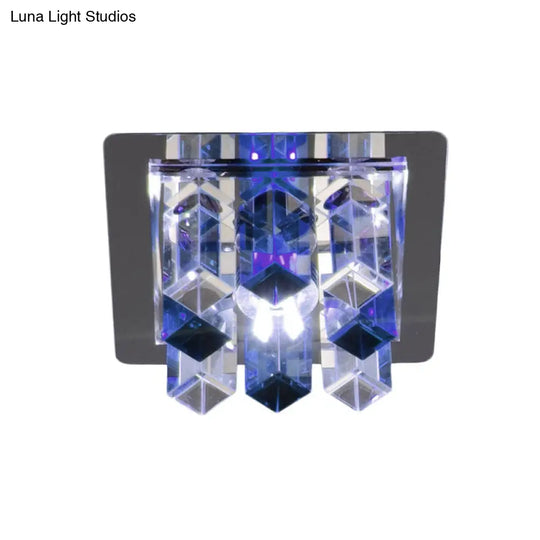 Minimal Square Led Flush Mount Light With Crystal Block - Blue/Clear/Tan Ideal For Hallway Ceiling