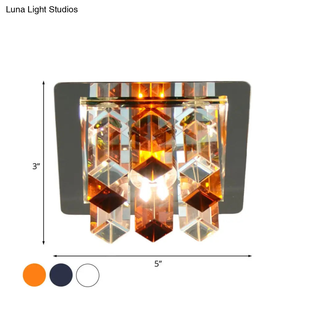 Minimal Square Led Flush Mount Light With Crystal Block - Blue/Clear/Tan Ideal For Hallway Ceiling