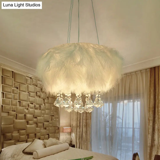 Minimal White Round Ceiling Lamp: Single Light Fluff Pendant With Crystal Droplet