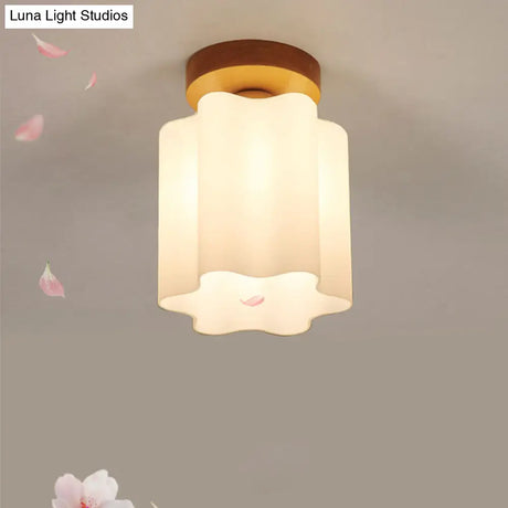 Minimalism 1 Bulb Wood Flushmount Light For Corridor - Milky Glass Prism Floral Ceiling Flush
