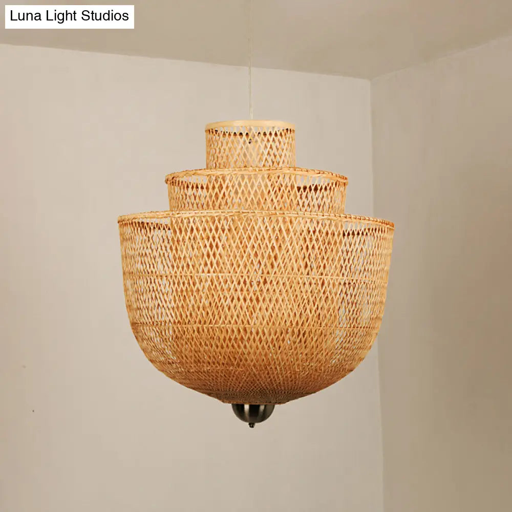Minimalist Bamboo Pendant Ceiling Light - Layered Wood Suspension Lighting For Tea Room / 23.5 A