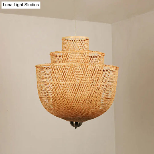 Minimalist Bamboo Pendant Ceiling Light - Layered Wood Suspension Lighting For Tea Room / 23.5 A