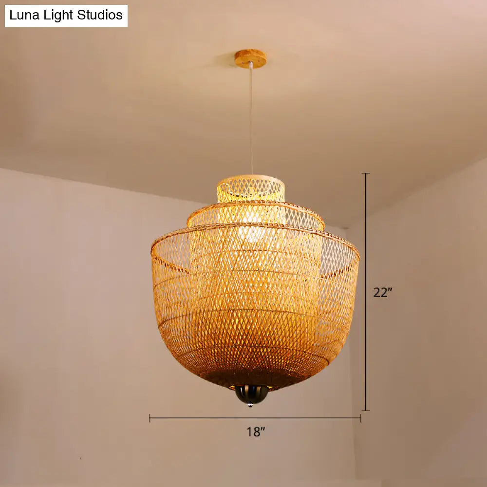 Minimalist 1-Head Bamboo Suspension Pendant Ceiling Light For Tea Room Wood / 18’’ A