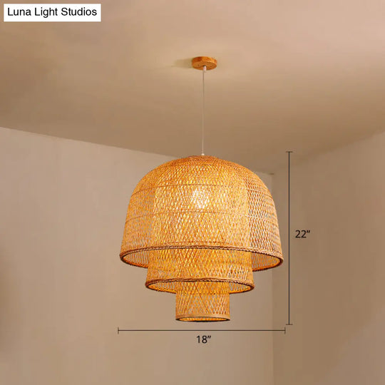 Minimalist 1-Head Bamboo Suspension Pendant Ceiling Light For Tea Room Wood / 18’’ B
