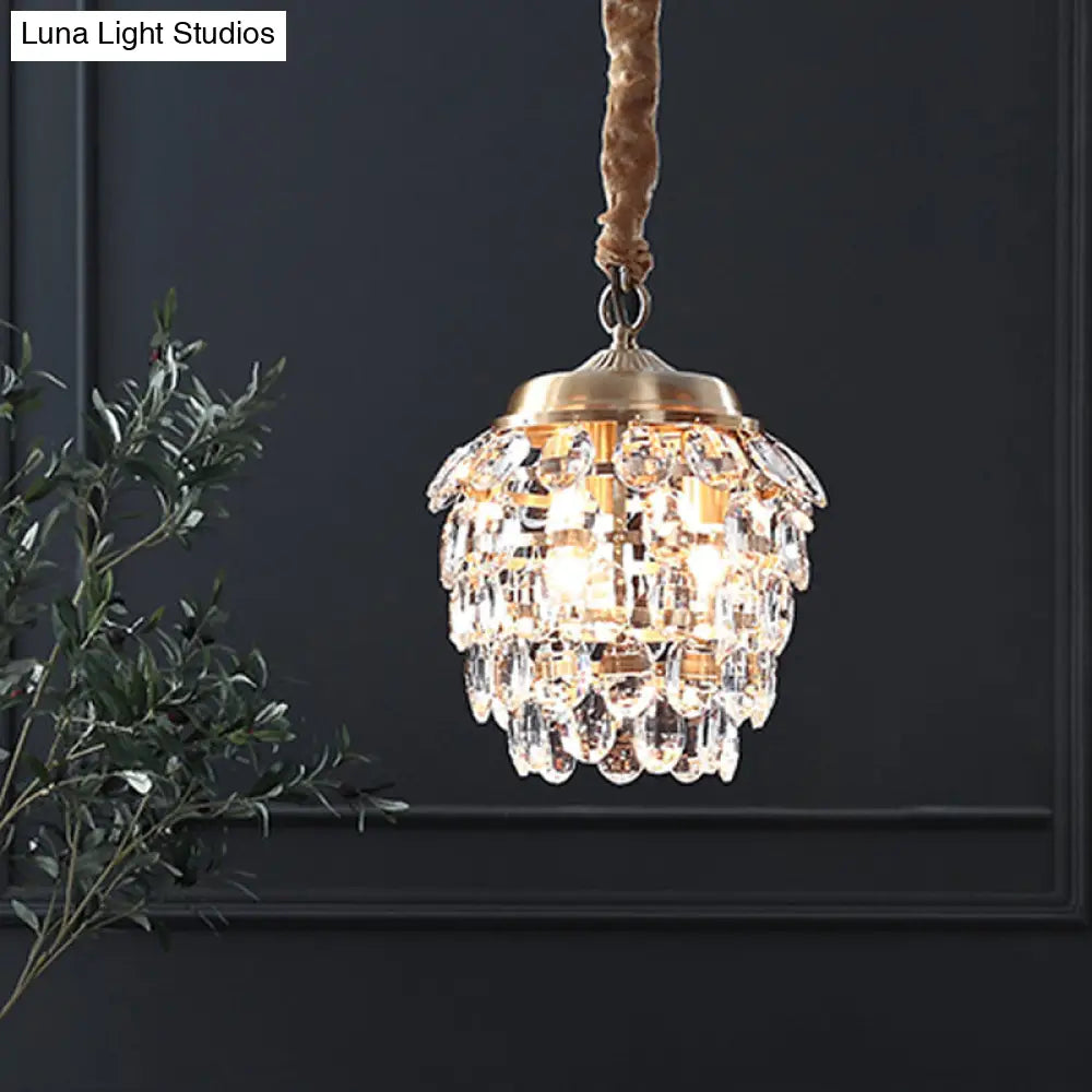 Minimalist Brass K9 Crystal Beaded Artichoke Drop Lamp - 3-Light Ceiling Chandelier For Living Room