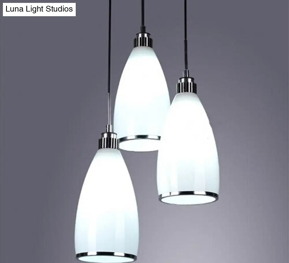 Sleek Satin Opal Glass Cluster Pendant - Minimalist Chrome 3-Light Suspension For Dining Room