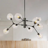 Minimalist 9-Bulb Black Sphere Chandelier With Clear Dimpled Glass Branch Pendant Light
