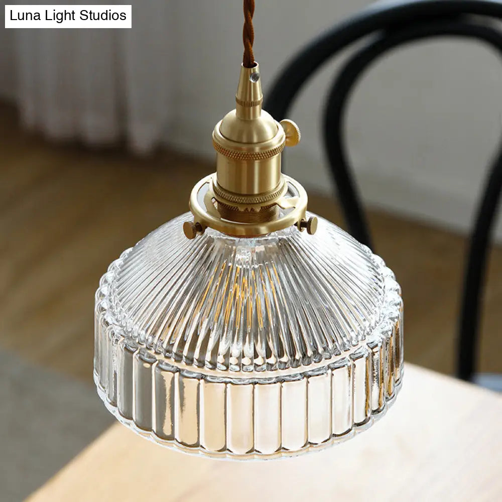 Minimalist Barn Shaped Glass Pendant Light With Clear Ribbed Design - Brass Suspension (1 Head)