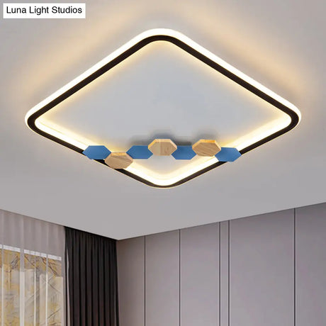 Minimalist Black Ceiling Mounted Led Flush Lamp With Leaf/Geometric Deco - Round/Square Design